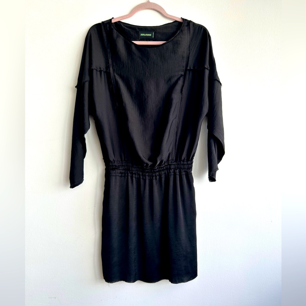 LN Zadig Voltaire Rahine Blouson Black Satin Raw Edge Minidress Small